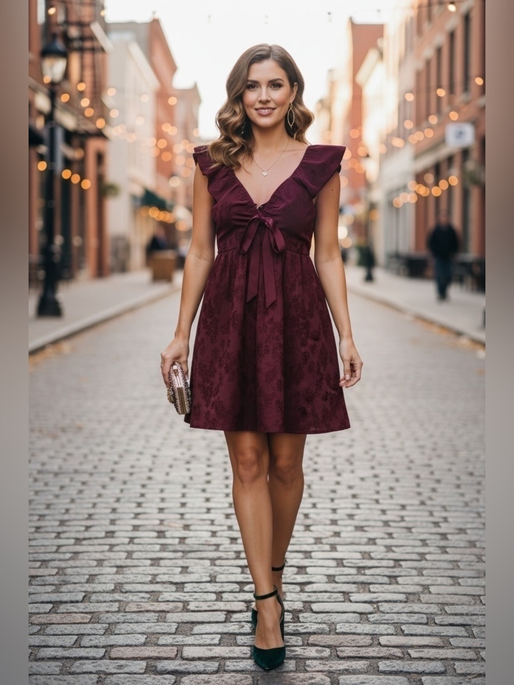 Francesca's Collections Burgundy Tie-Front Ruffle Mini Dress